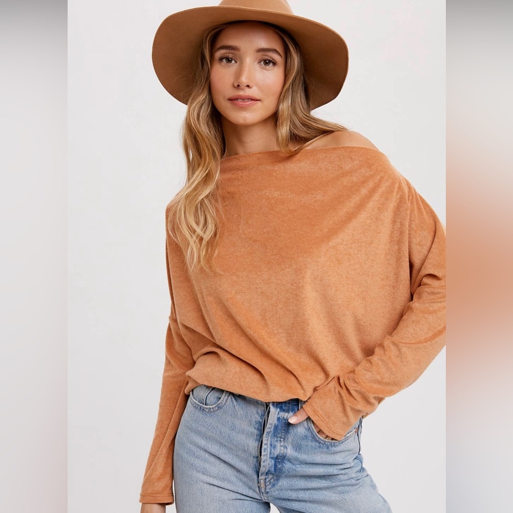Off the shoulder loop French terry knit blouse